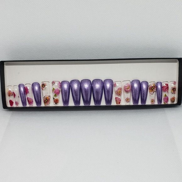 Long Ballerina Purple and Floral Design w/20 Nails - Picture 2 of 5
